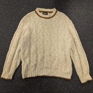 Lambswool Crewneck Zip-Up Sweater - Cream with Brown Trim